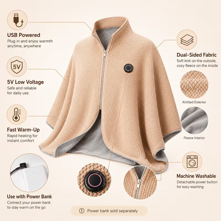 ⏳🔥50% OFF Last Day! USB Wearable Heated Shawl Blanket, Portable Warm Wrap for Office, Home & Travel