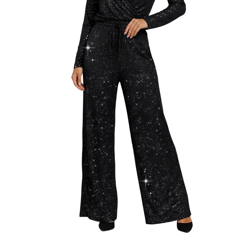 Women's Sequin Wide-Leg Pants with Elastic Waistband