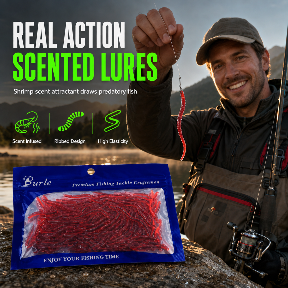 ⏰Buy 3  Get 2 Free 🔥 Simulation Earthworm Soft Fishing Lures Shrimp Scented Artificial Worm Baits for Freshwater and Saltwater Pack of 50 or 100