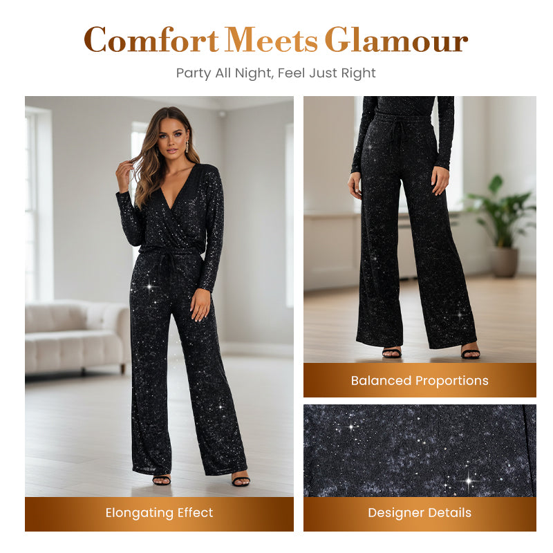 Women's Sequin Wide-Leg Pants with Elastic Waistband
