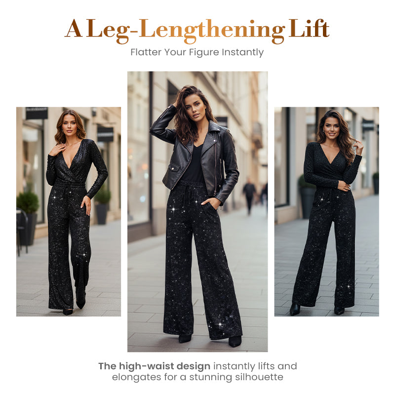 Women's Sequin Wide-Leg Pants with Elastic Waistband