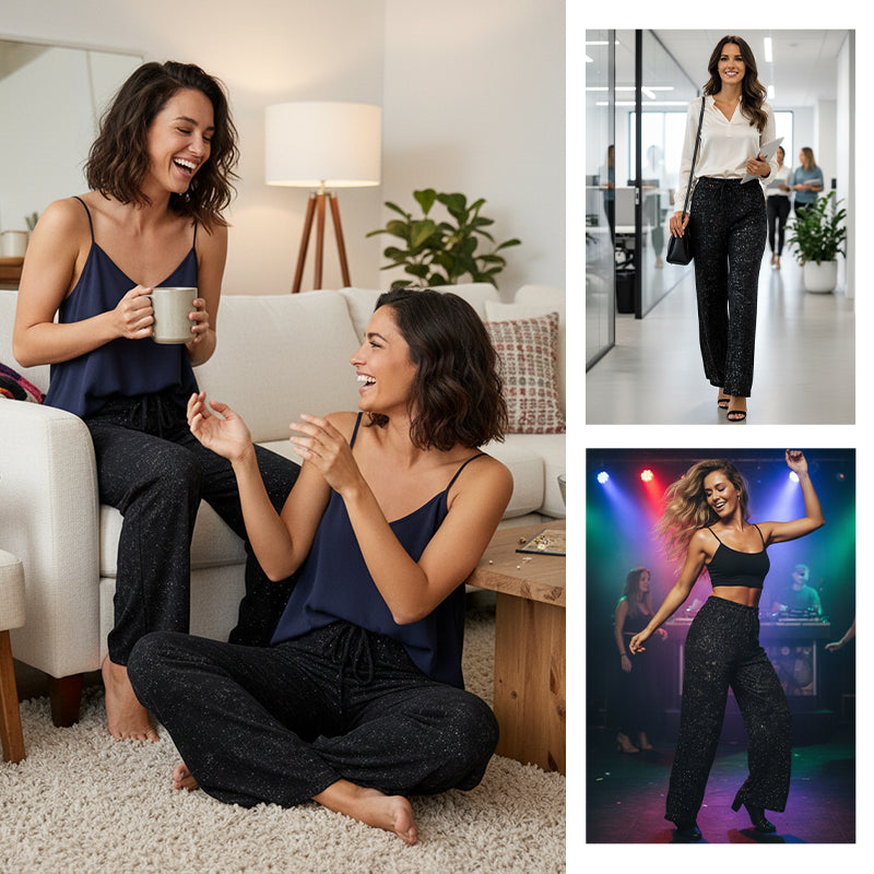 Women's Sequin Wide-Leg Pants with Elastic Waistband