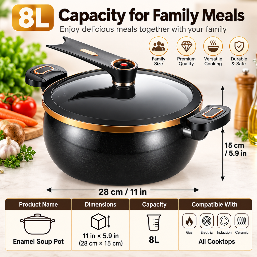8L capacity, 28 by 15 cm size diagram and stovetop compatibility