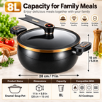 8L capacity, 28 by 15 cm size diagram and stovetop compatibility