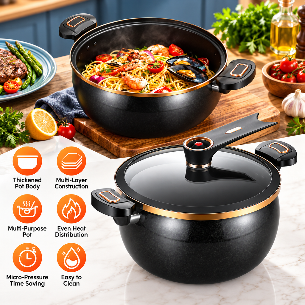 Black 8L micro pressure cooking pot with prepared food and matching lid