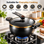 Black micro pressure pot on a gas stovetop