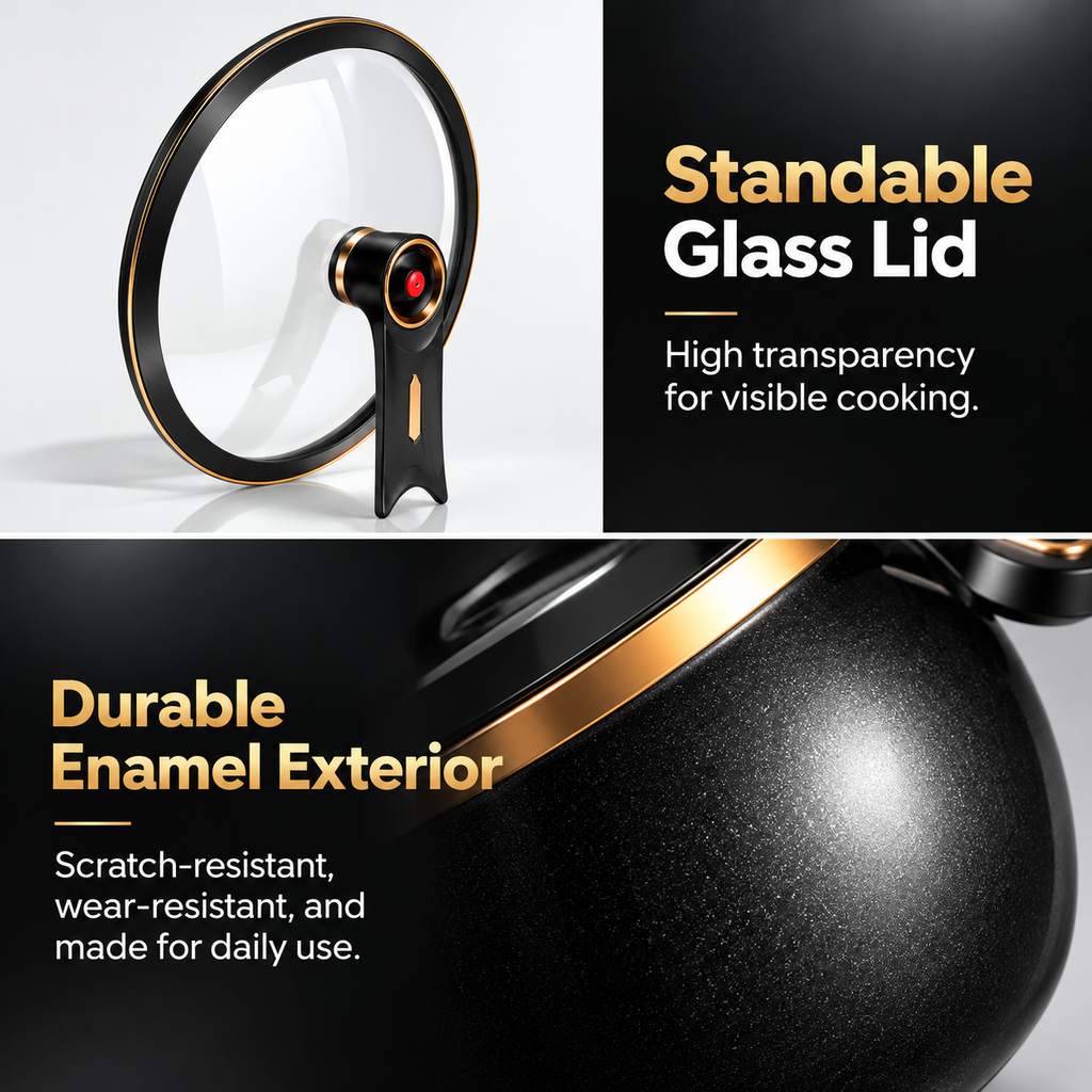 Standable glass lid and satin enamel exterior close-up