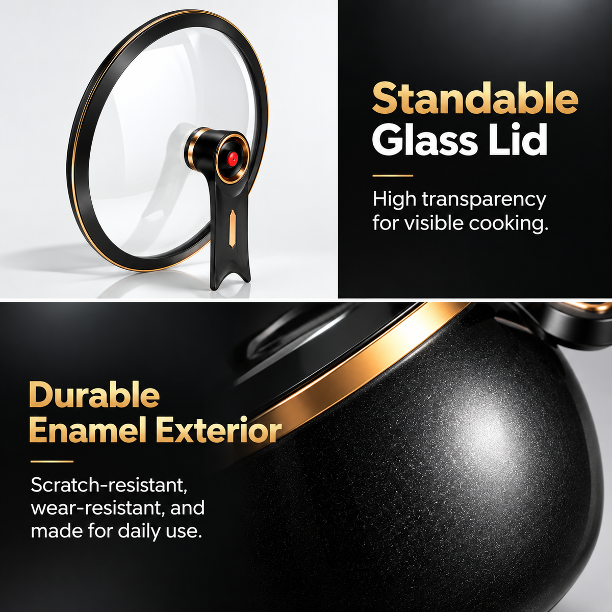 Standable glass lid and satin enamel exterior close-up