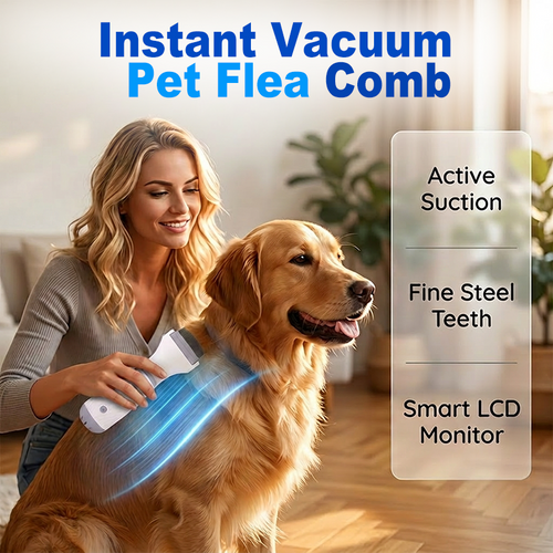 Electric flea grooming comb with illustration of active suction and fine comb teeth