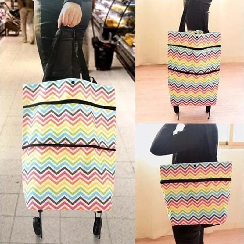 Colorful chevron wheeled shopping tote in use