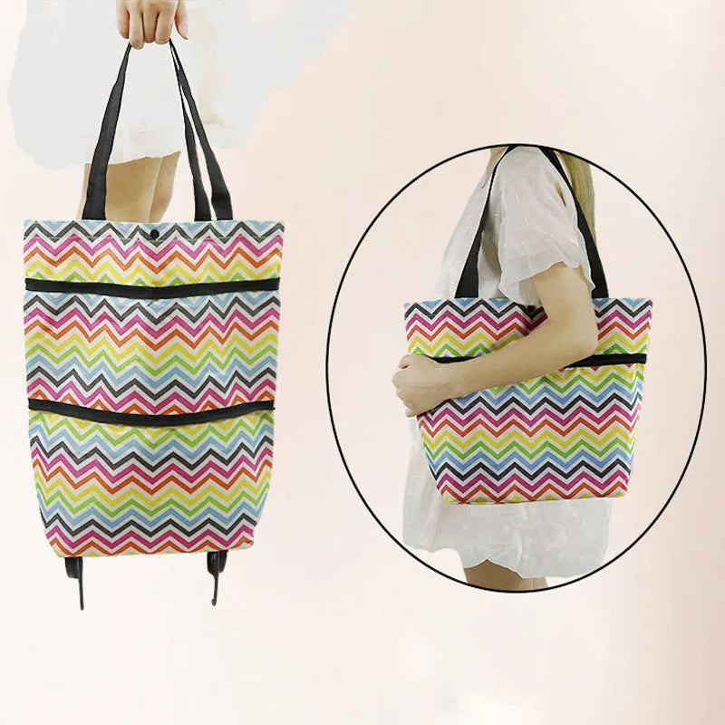 Folded shoulder tote and extended rolling cart