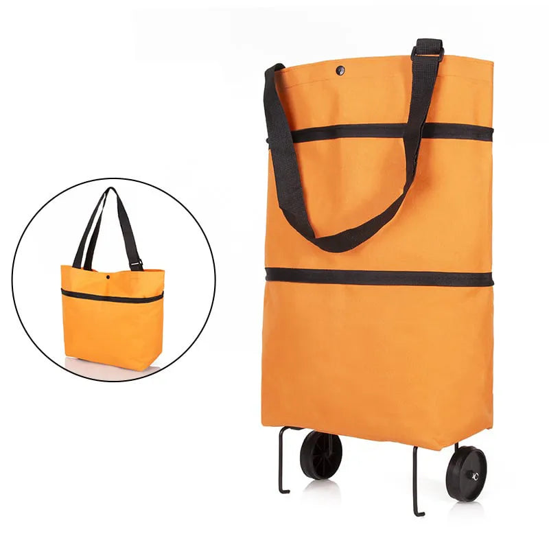 Orange folding wheeled shopping tote