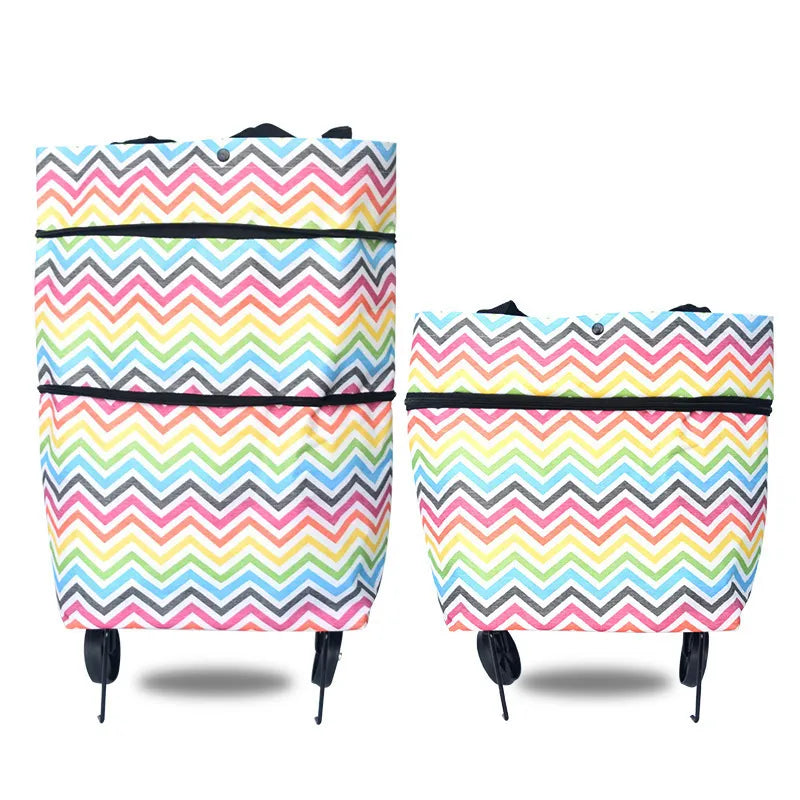 Colorful chevron rolling grocery tote in tall and folded configurations