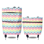 Colorful chevron rolling grocery tote in tall and folded configurations