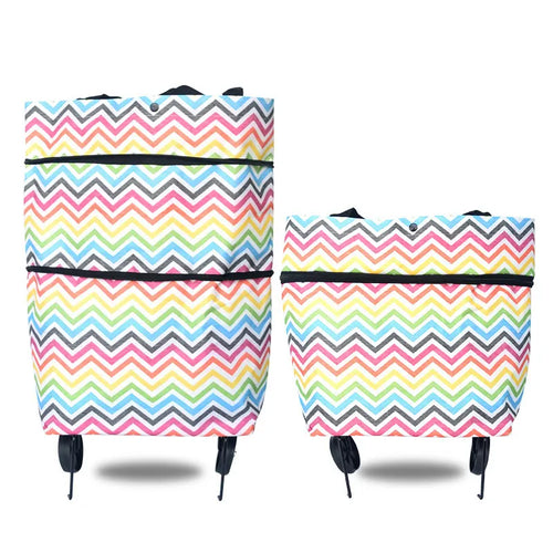 Colorful chevron rolling grocery tote in tall and folded configurations