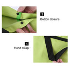 Button closure, handles and metal bracket details