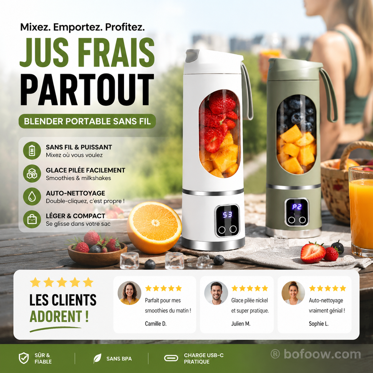🔥LIMITED TIME 49% OFF! 🍊🥤450ml Wireless Portable Blender, LED Digital Display, Dual Lids, 30 Second Quick Mixing