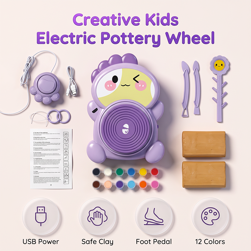 🔥Limited-Time 49% OFF! Kids Electric Pottery Wheel Kit with Foot Pedal, Air Dry Clay & Paints | Fun Creative Art Craft Set for Children