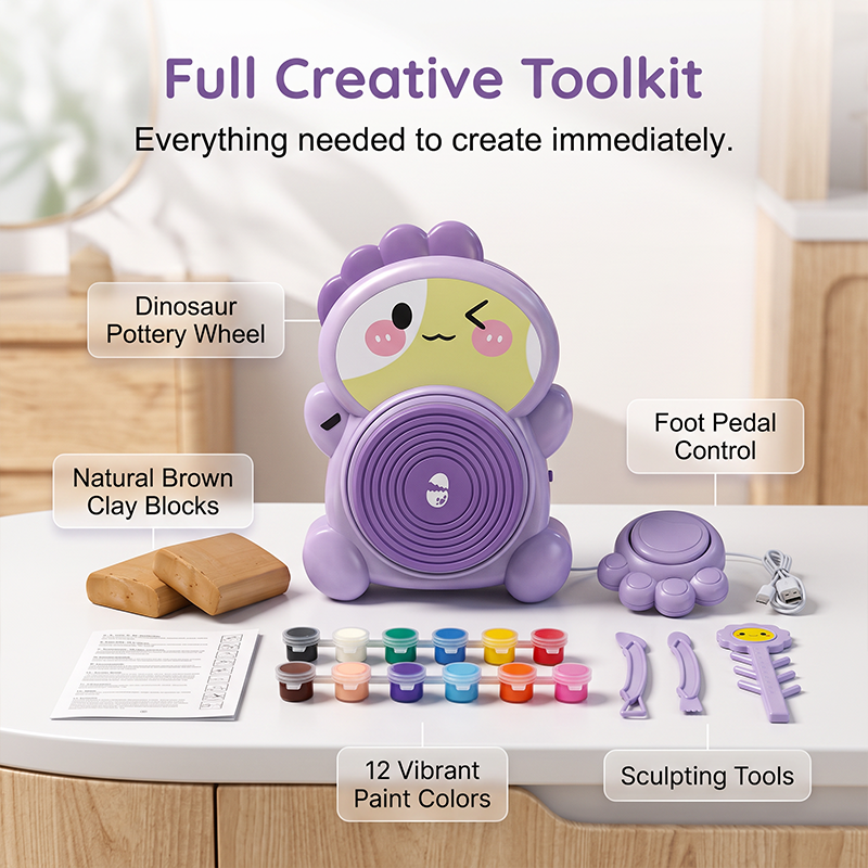 🔥Limited-Time 49% OFF! Kids Electric Pottery Wheel Kit with Foot Pedal, Air Dry Clay & Paints | Fun Creative Art Craft Set for Children