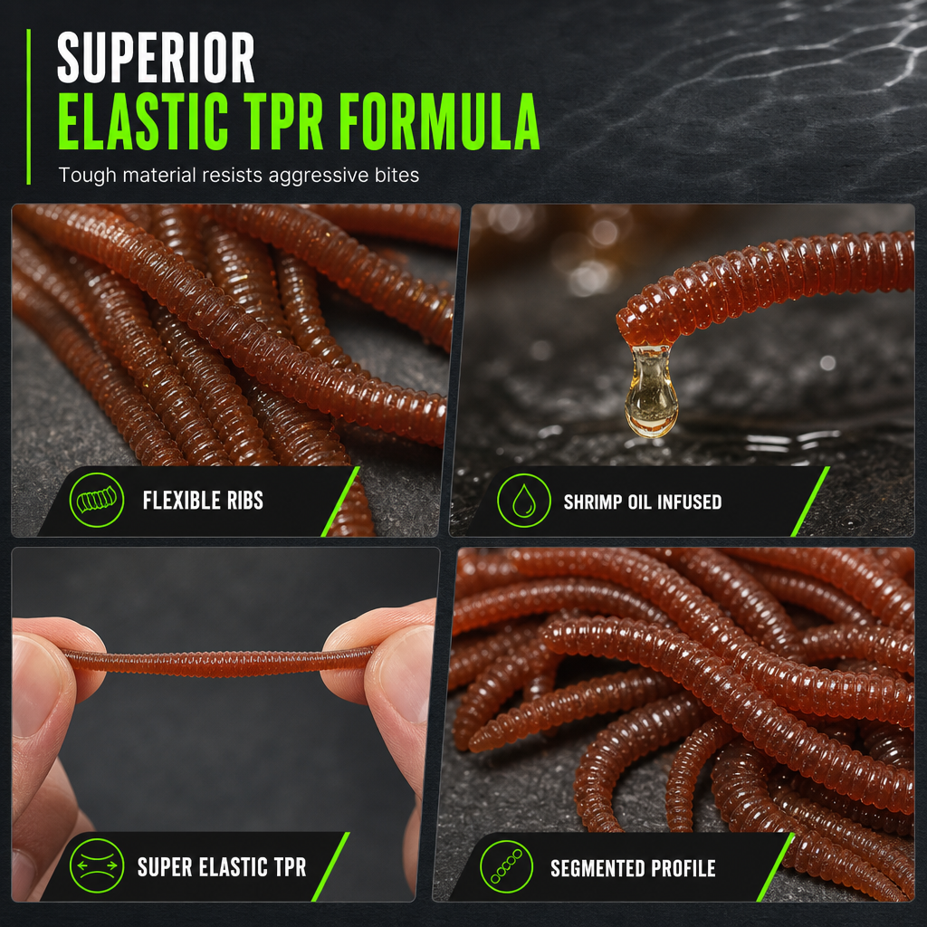 ⏰Buy 3  Get 2 Free 🔥 Simulation Earthworm Soft Fishing Lures Shrimp Scented Artificial Worm Baits for Freshwater and Saltwater Pack of 50 or 100