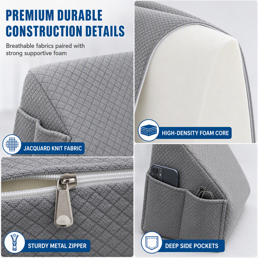 📚Triangular Wedge Reading Pillow | Built-in Side Pocket, Headboard Support Cushion
