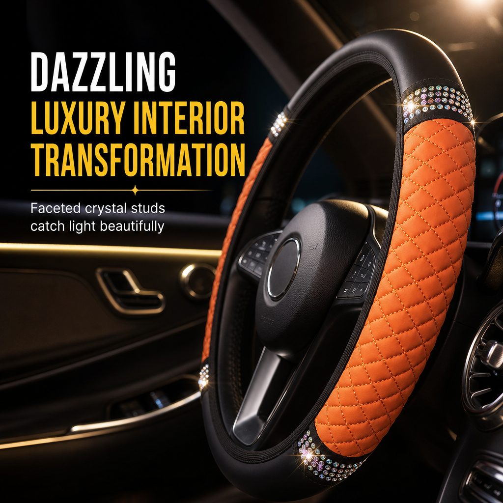 💎Glitter Crystal Steering Wheel Cover | Elastic Leather, Non-Slip, Bling Rhinestone Auto Interior Wheel Protector
