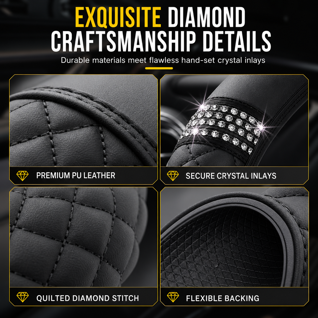 💎Glitter Crystal Steering Wheel Cover | Elastic Leather, Non-Slip, Bling Rhinestone Auto Interior Wheel Protector
