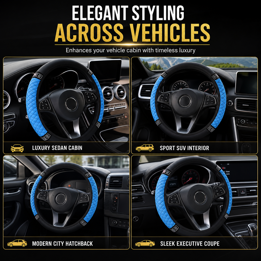 💎Glitter Crystal Steering Wheel Cover | Elastic Leather, Non-Slip, Bling Rhinestone Auto Interior Wheel Protector