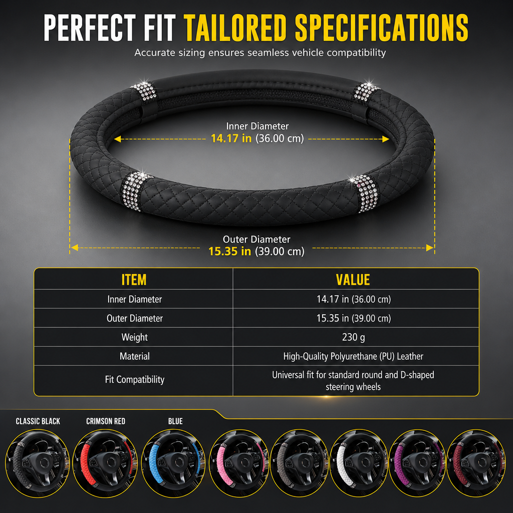 💎Glitter Crystal Steering Wheel Cover | Elastic Leather, Non-Slip, Bling Rhinestone Auto Interior Wheel Protector