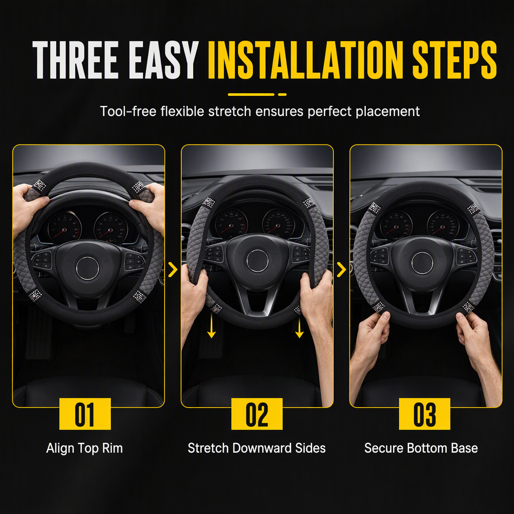 💎Glitter Crystal Steering Wheel Cover | Elastic Leather, Non-Slip, Bling Rhinestone Auto Interior Wheel Protector