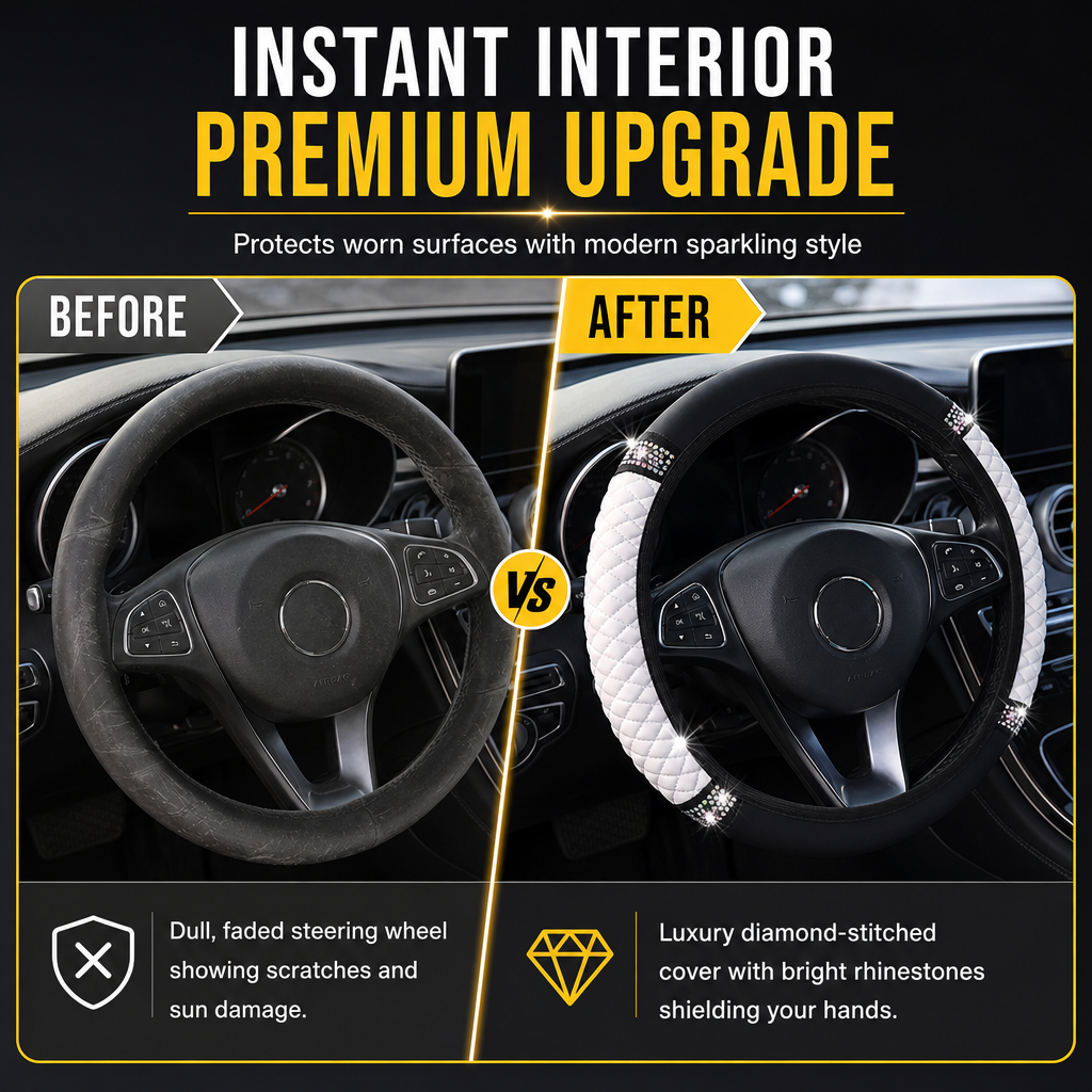 💎Glitter Crystal Steering Wheel Cover | Elastic Leather, Non-Slip, Bling Rhinestone Auto Interior Wheel Protector