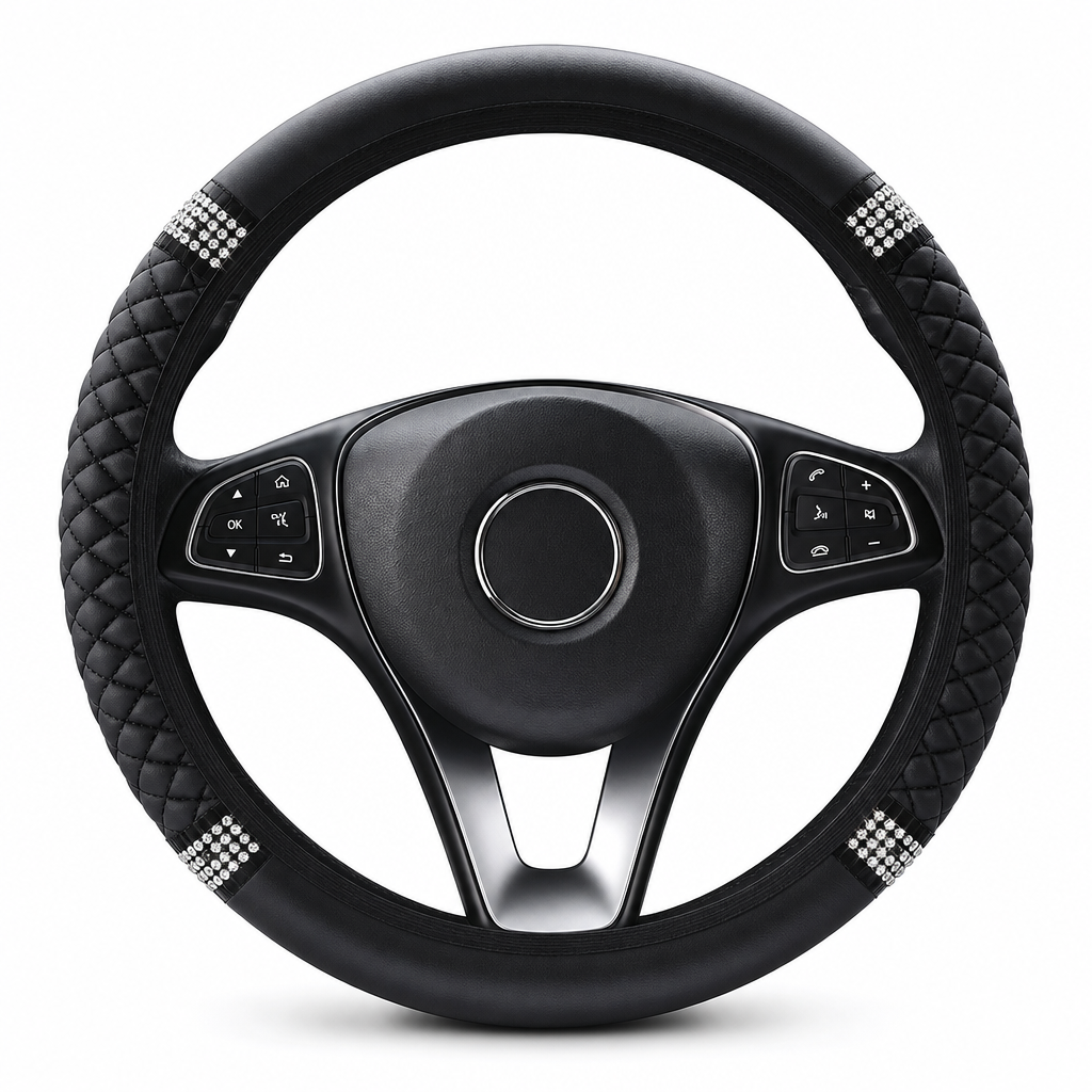 💎Glitter Crystal Steering Wheel Cover | Elastic Leather, Non-Slip, Bling Rhinestone Auto Interior Wheel Protector