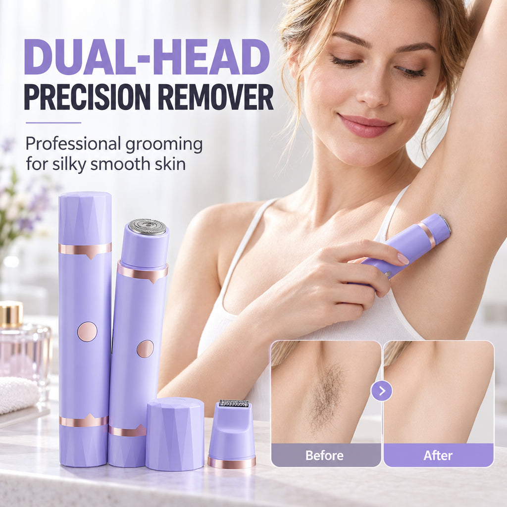 Portable Electric Hair Remover – Dual Head Body & Bikini Trimmer, Gentle Mesh Blades, Safety Guards for Sensitive Skin, Painless Smooth Hair Removal