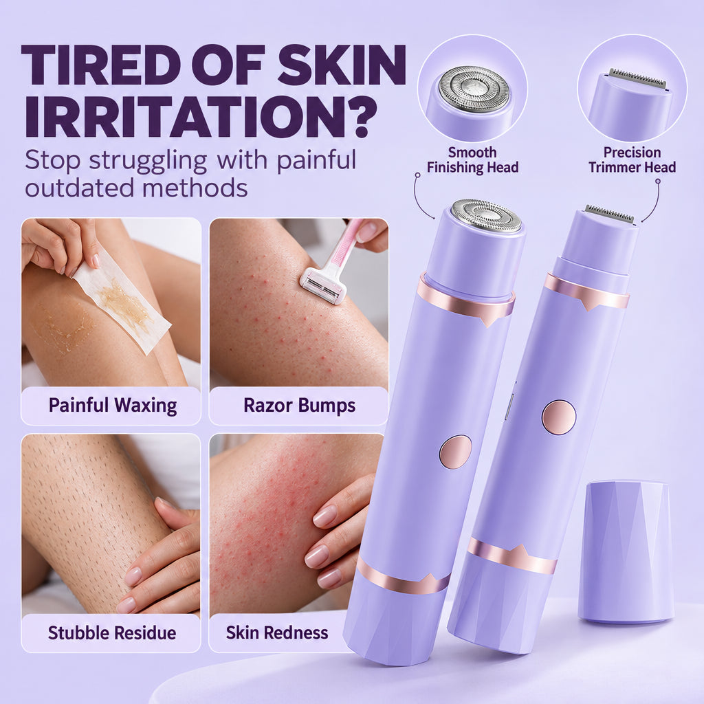 Portable Electric Hair Remover – Dual Head Body & Bikini Trimmer, Gentle Mesh Blades, Safety Guards for Sensitive Skin, Painless Smooth Hair Removal