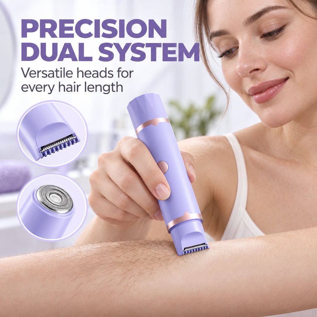 Portable Electric Hair Remover – Dual Head Body & Bikini Trimmer, Gentle Mesh Blades, Safety Guards for Sensitive Skin, Painless Smooth Hair Removal