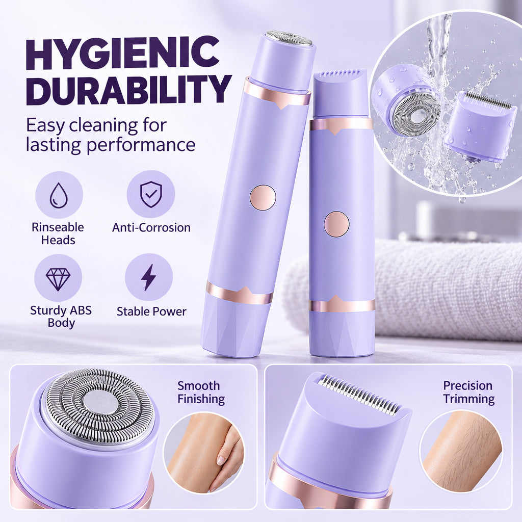 Portable Electric Hair Remover – Dual Head Body & Bikini Trimmer, Gentle Mesh Blades, Safety Guards for Sensitive Skin, Painless Smooth Hair Removal