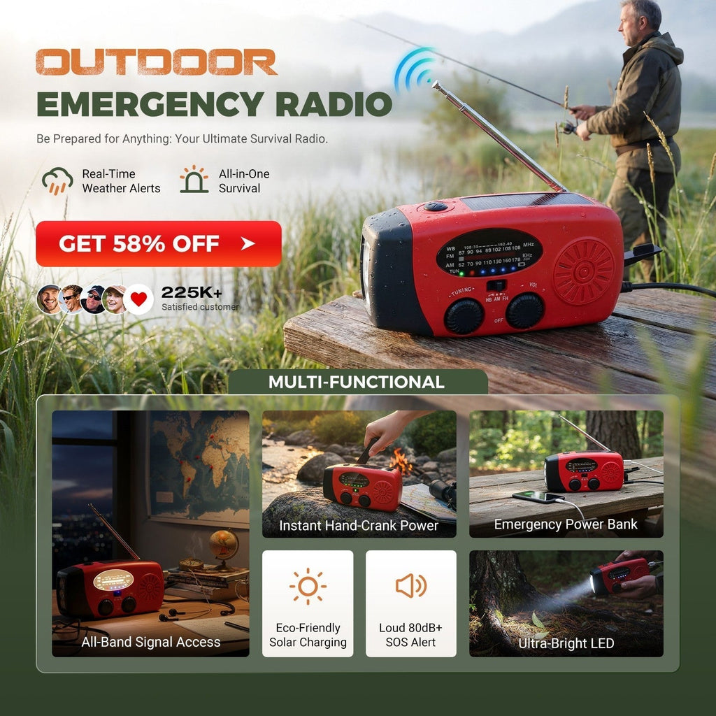 ⚠️When Power Goes Out, Stay Connected! Portable Solar Hand Crank Emergency Radio with Weather Alerts & Phone Charger